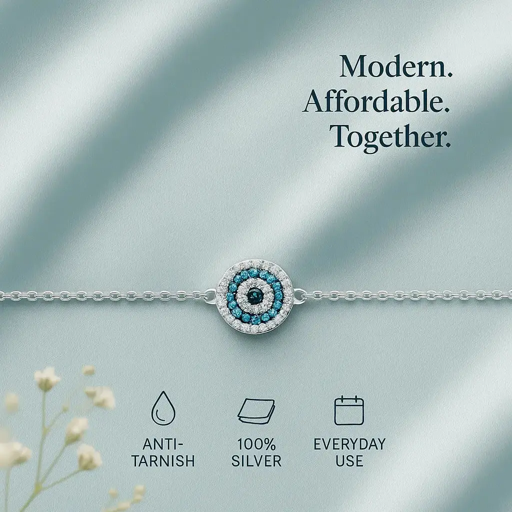 Day 1 - Turquoise, Dark Blue & White Stones Pure Silver Evil Eye Bracelet