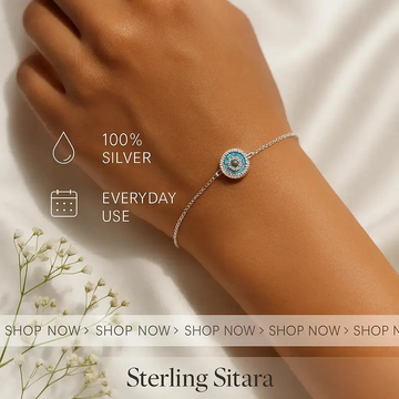 Hand wearing a silver bracelet with a blue gemstone on a light background, featuring text about the product.